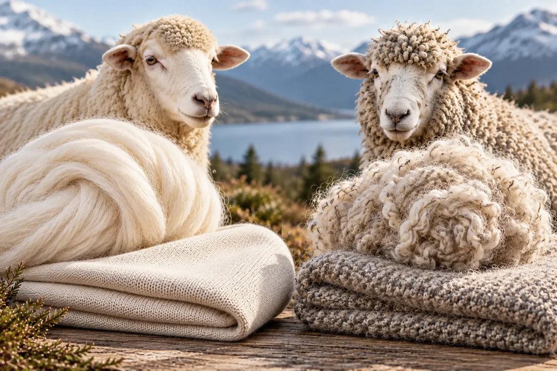 Merinoull och lammull jämförda med får, ullgarn och stickade ullplagg i ett nordiskt landskap.