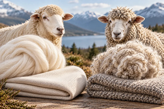 Merinoull och lammull jämförda med får, ullgarn och stickade ullplagg i ett nordiskt landskap.