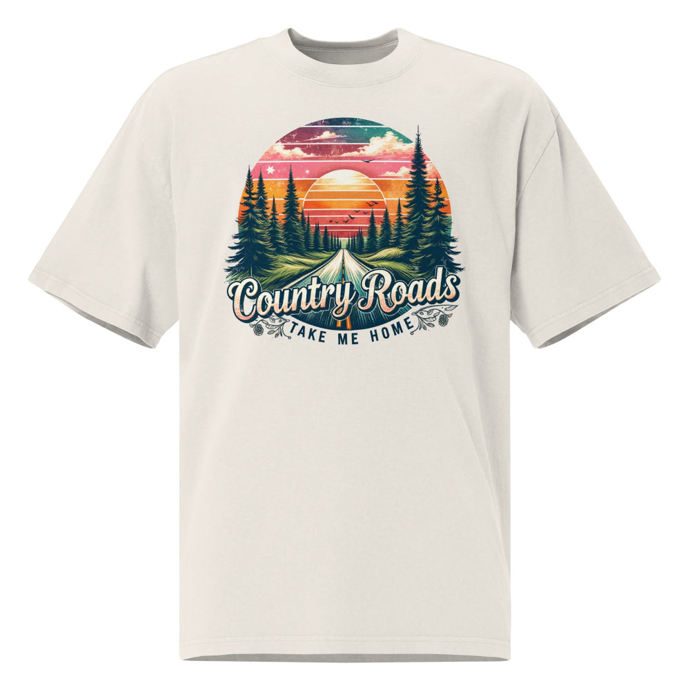 Cottonhill Country Roads heavyweight graphic t-shirt in faded bonewith retro sunset forest highway design