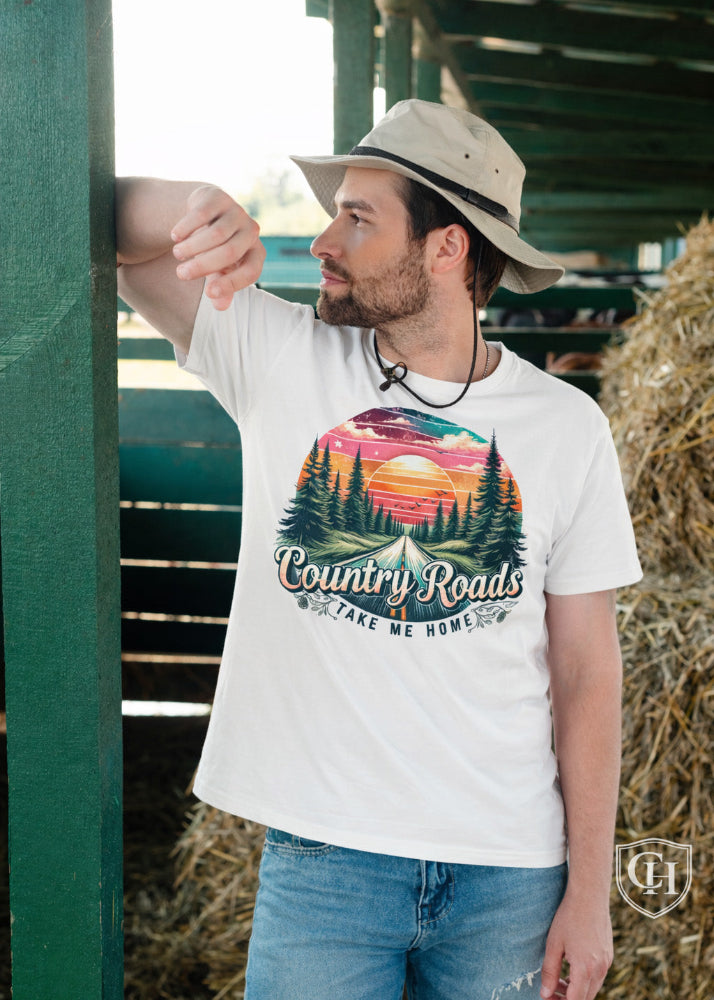 Cottonhill Country Roads heavyweight graphic t-shirt in faded bonewith retro sunset forest highway design