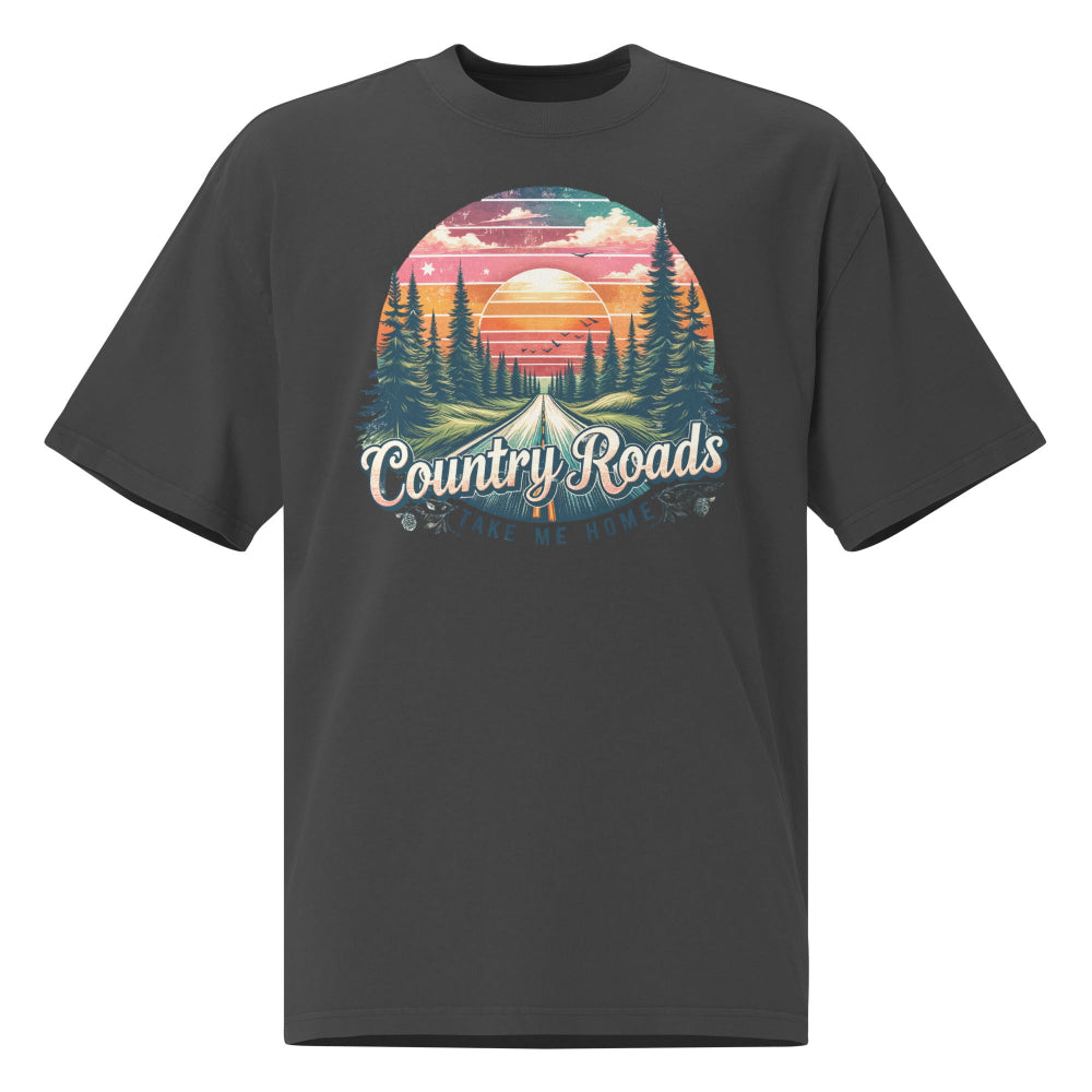 Cottonhill Country Roads heavyweight graphic t-shirt in faded black with retro sunset forest highway design
