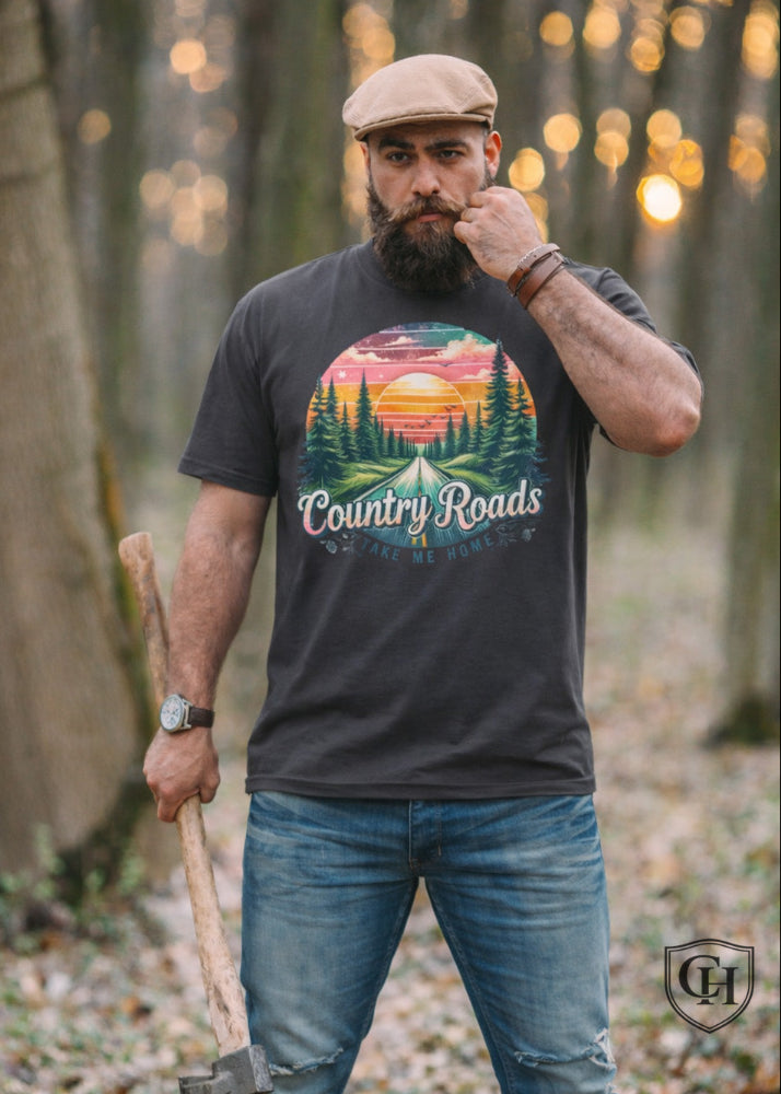 Cottonhill Country Roads heavyweight graphic t-shirt in faded black with retro sunset forest highway design