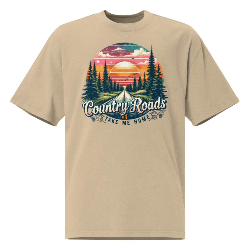 Cottonhill Country Roads heavyweight graphic t-shirt in faded khaki with retro sunset forest highway design